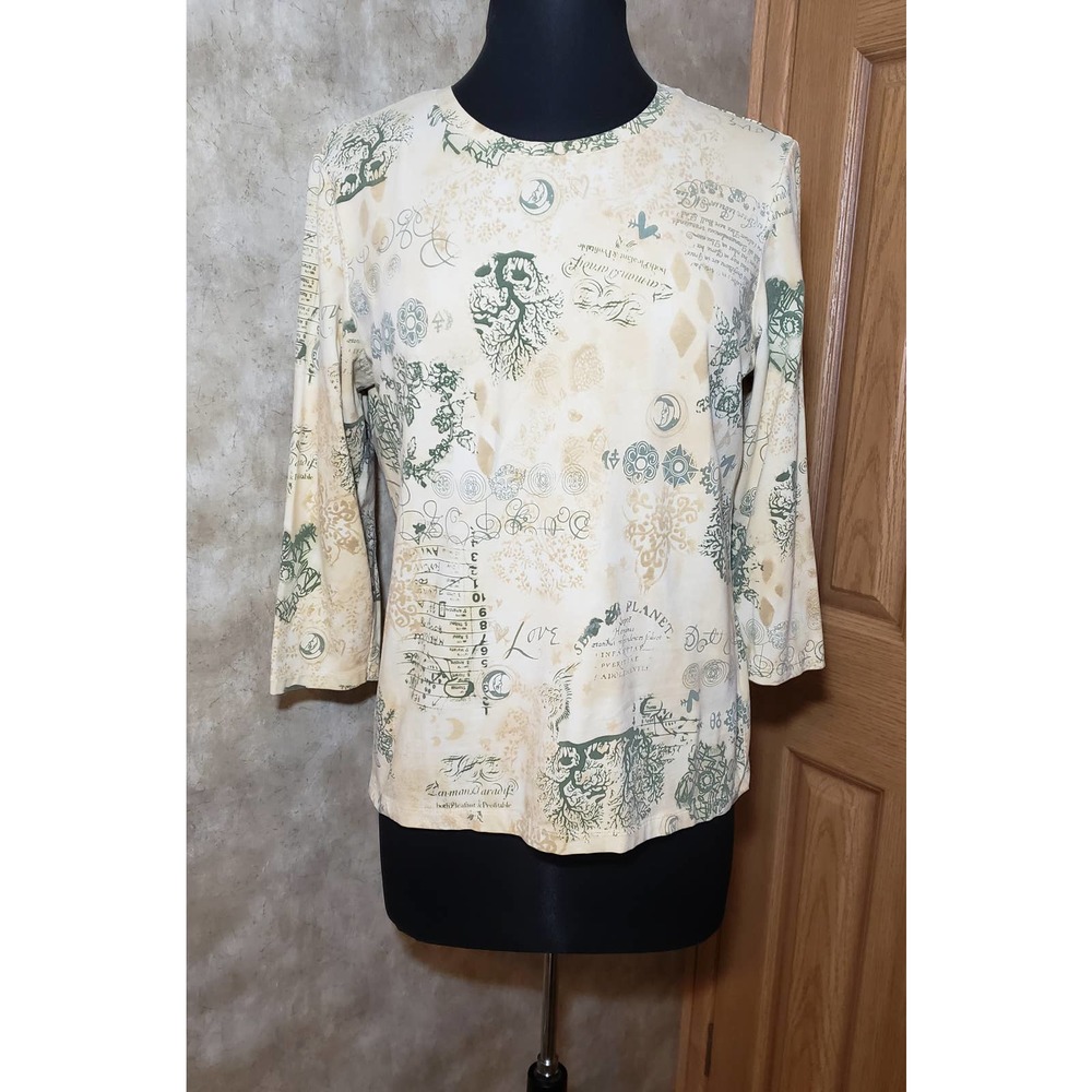 Caribbean Joe size large tan & green 3/4 blouse